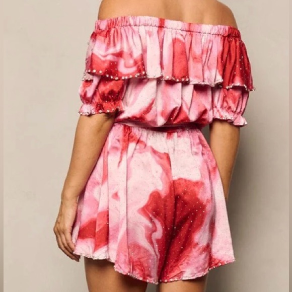 S M L woman’s off shoulder, self tied, ruffle, stud, detailed, tie-dye romper - Picture 3 of 3